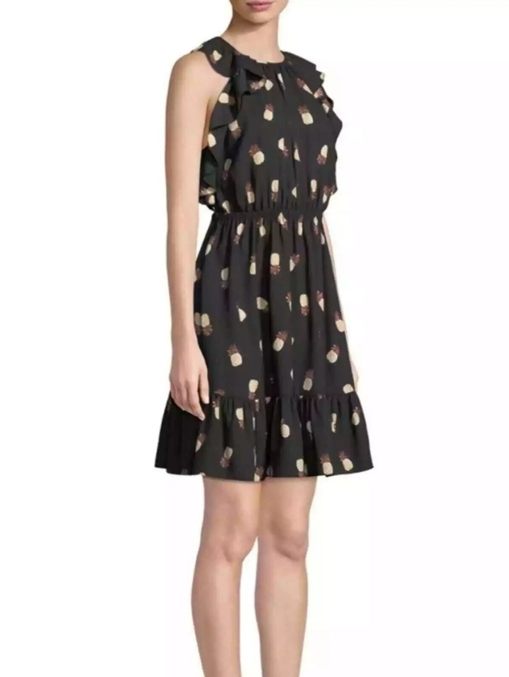kate spade Black Pineapple Sleeveless Ruffle Mini Dress In Black Size‎ XXS